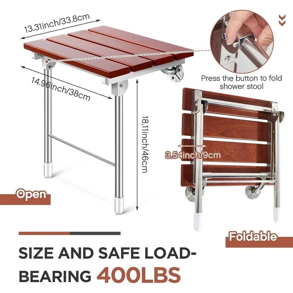 Geetery Folding Shower Seat Wall Mounted‎ 18 Inch Wood Bench w/ Legs 400 lbs